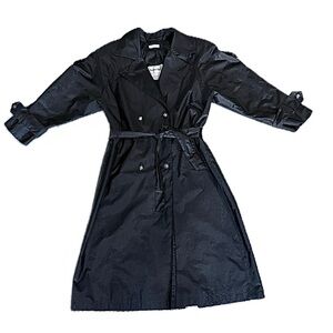 🧥☔ BRITISH MIST Vintage 70s/80s Black Trench Coat | Belted Rain Slicker Sz‎ 10P